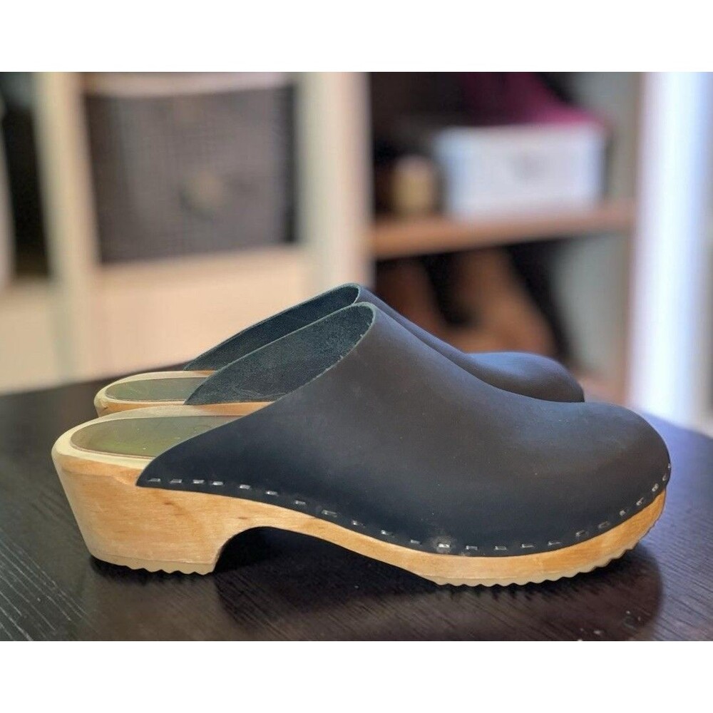 Tessa Clogs Women’s 42 US 11 Black Leather Wooden Clogs Made in Sweden